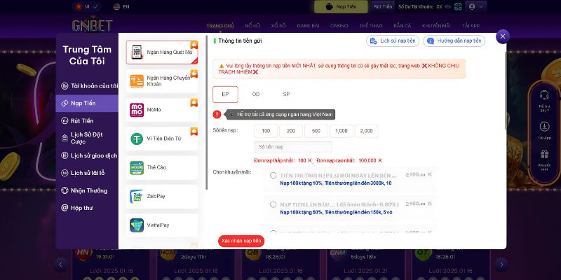 Hệ thống nạp rút tiền tại tài xỉu trực tuyến uy tín GNBET